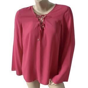 INC Womens Size 12 Pink Long Sleeve Lace Up Front 100% Polyester Blouse Shirt